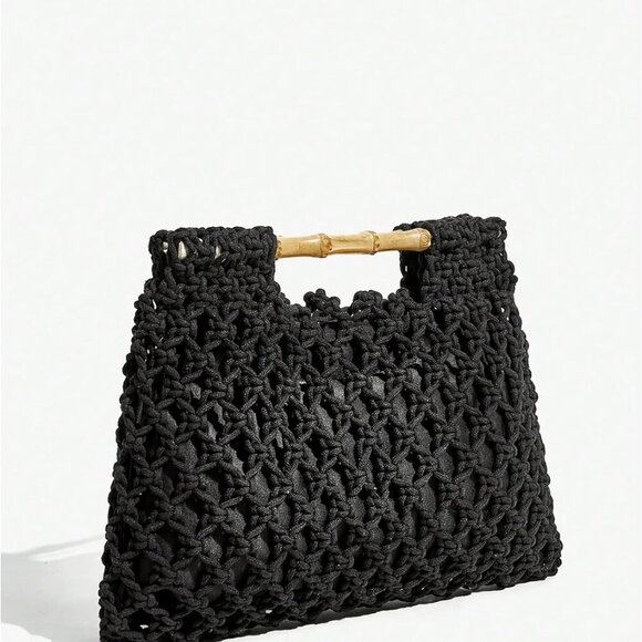 Elegant Black Straw Hobo Clutch - Versatile Handbag for Beach & Casual Outings - Picture 3 of 6